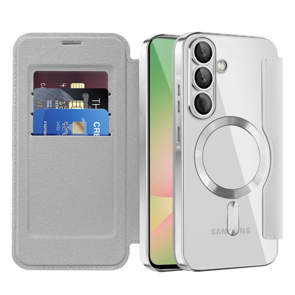 Husa pentru Samsung Galaxy A56 5G tip carte, SKYDDAR INOVATION, SmartMag Book, Magsafe, RFiD, Suport Carduri, set cu sticker, Gri