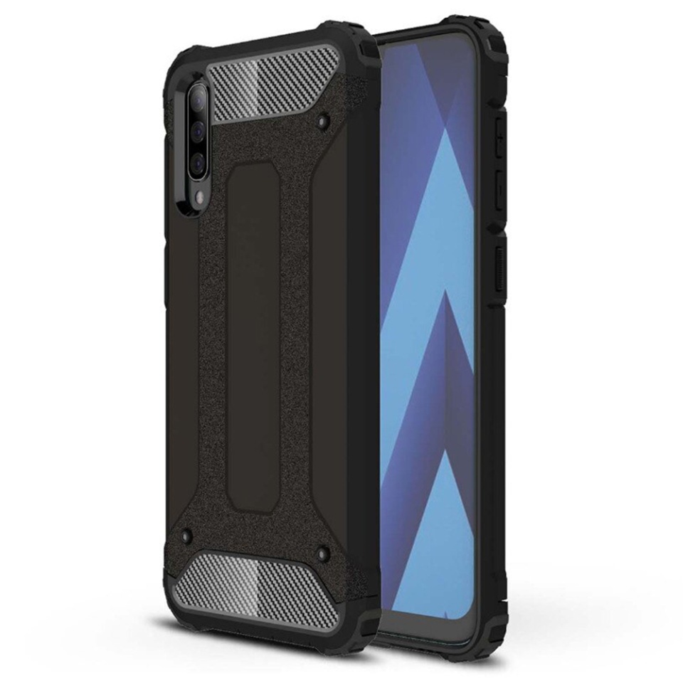 Husa pentru Samsung Galaxy A70 / Galaxy A70s, SKYDDAR INNOVATION, Hybrid Armor, din Plastic Dur, Margini Cauciucate, Antisoc, set cu sticker, Negru