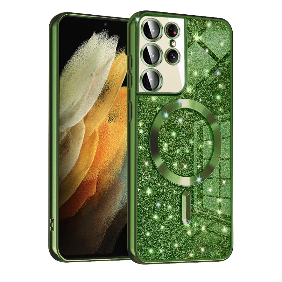 Husa pentru Samsung Galaxy S21 Ultra 5G Design Antisoc, Fundal Detasabil 2-in-1, Protectie Superioara, Margini Ridicate, SKDR Glitter - Verde