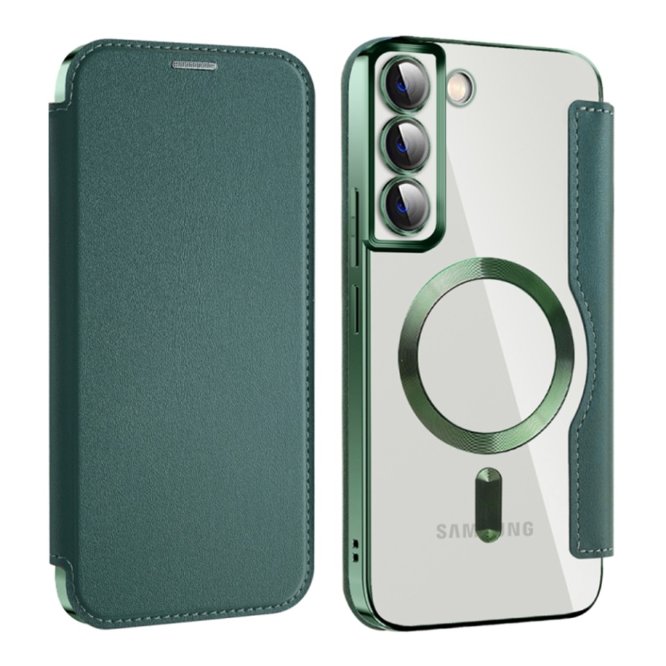 Husa pentru Samsung Galaxy S22 Plus 5G tip carte, SKYDDAR INOVATION, SmartMag Book, Magsafe, RFiD, Suport Carduri, set cu sticker, Verde - 1 | YEO