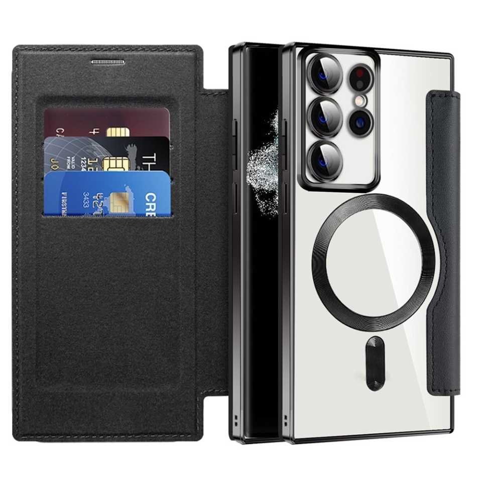 Husa pentru Samsung Galaxy S22 Ultra 5G tip carte, SKYDDAR INOVATION, SmartMag Book, Magsafe, RFiD, Suport Carduri, set cu sticker, Negru