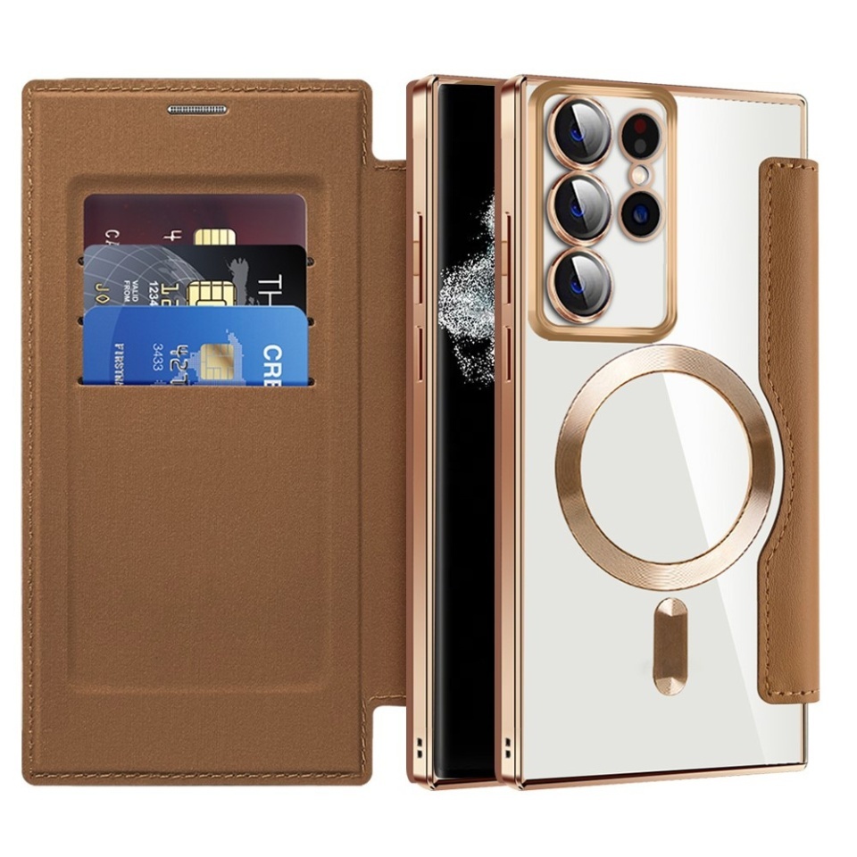 Husa pentru Samsung Galaxy S22 Ultra 5G tip carte, SKYDDAR INOVATION, SmartMag Book, Magsafe, RFiD, Suport Carduri, set cu sticker, Maro