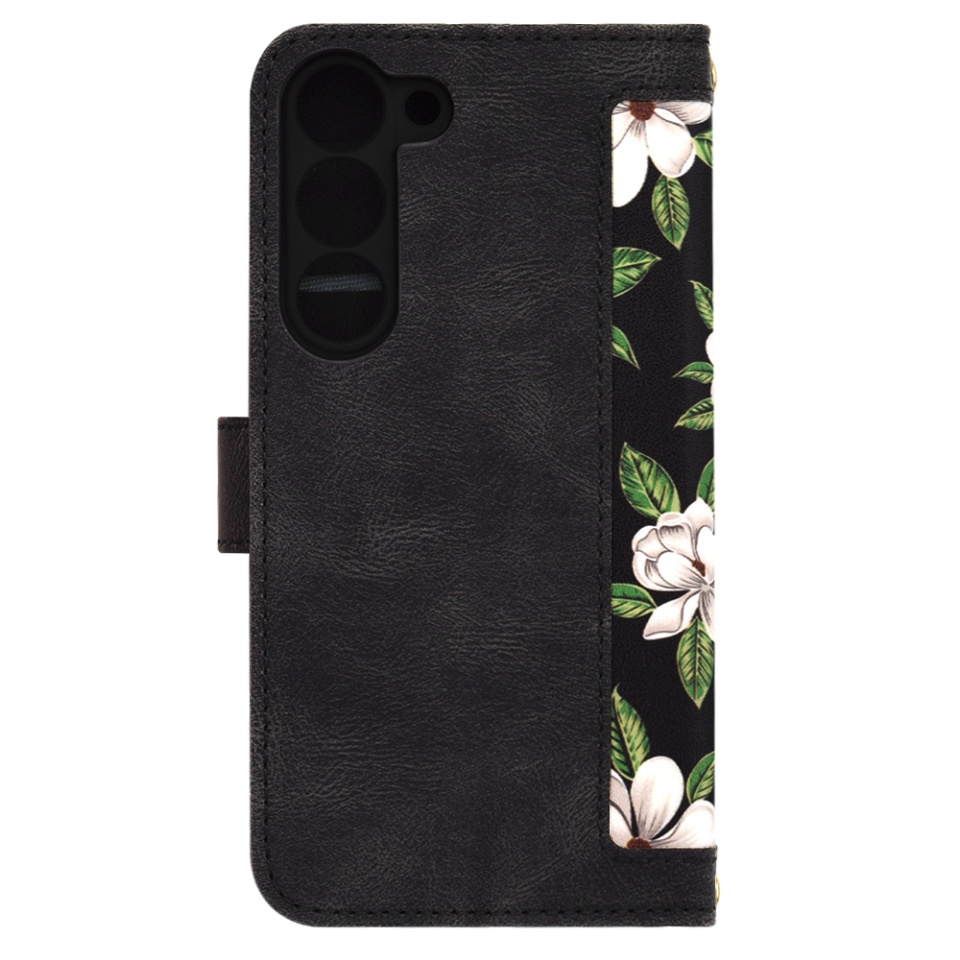 Husa pentru Samsung Galaxy S23 din Piele Ecologică cu Design Floral, Protecție 360°, Stand Integrat, Buzunare pentru Carduri, SKDR Floral Wallet - Negru - 2 | YEO