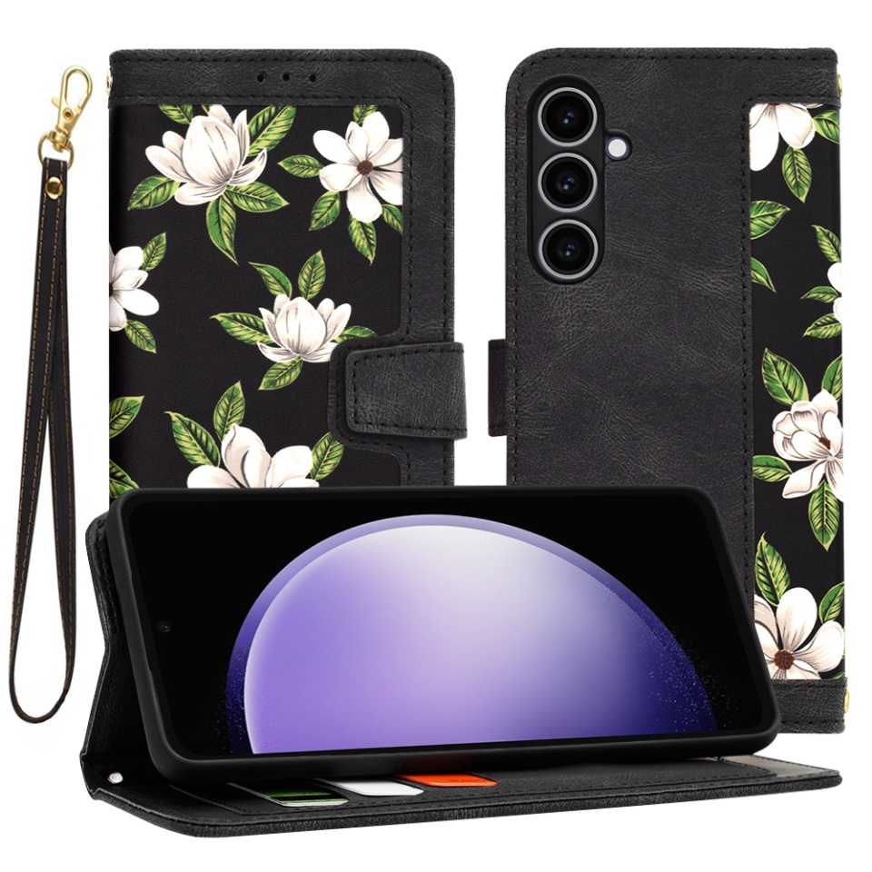 Husa pentru Samsung Galaxy S23 FE din Piele Ecologică cu Design Floral, Protecție 360°, Stand Integrat, Buzunare pentru Carduri, SKDR Floral Wallet - Negru
