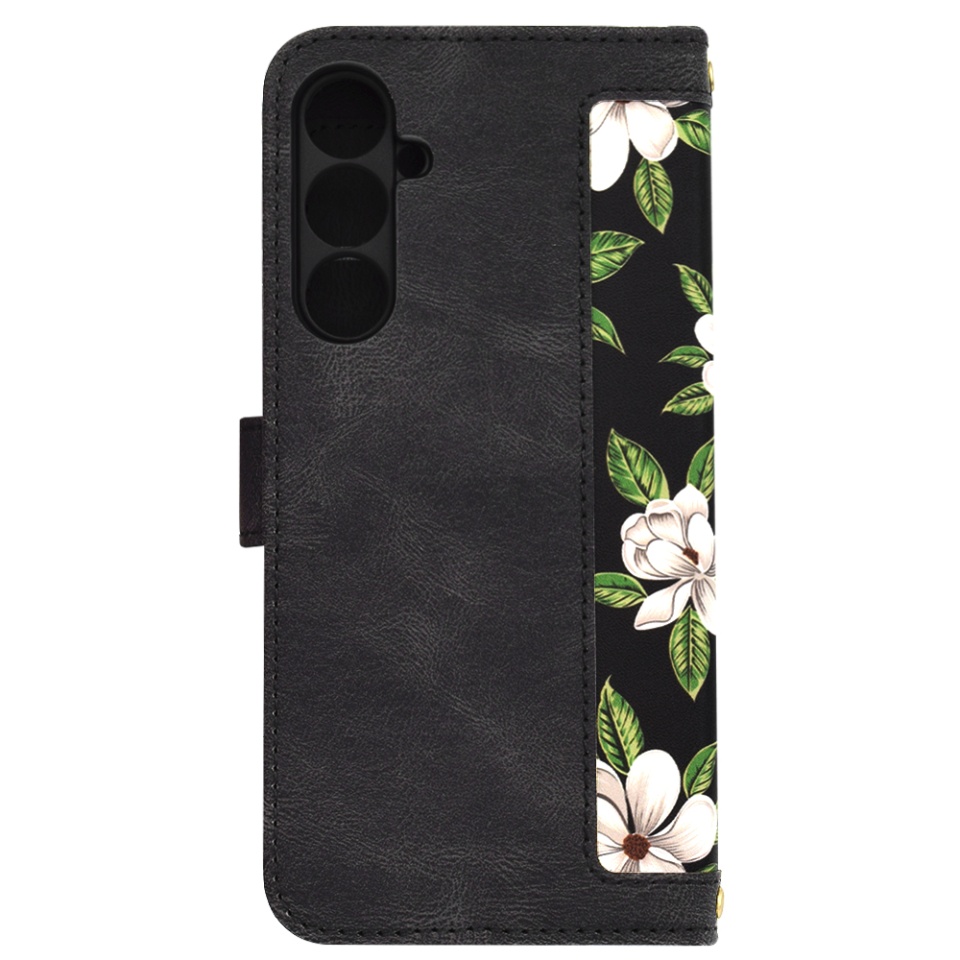 Husa pentru Samsung Galaxy S23 FE din Piele Ecologică cu Design Floral, Protecție 360°, Stand Integrat, Buzunare pentru Carduri, SKDR Floral Wallet - Negru - 3 | YEO