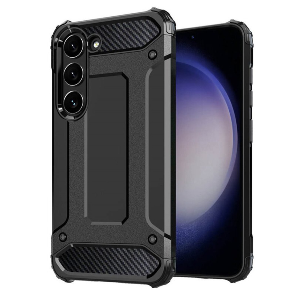 Husa pentru Samsung Galaxy S23, SKYDDAR INNOVATION, Hybrid Armor, din Plastic Dur, Margini Cauciucate, Antisoc, set cu sticker, Negru