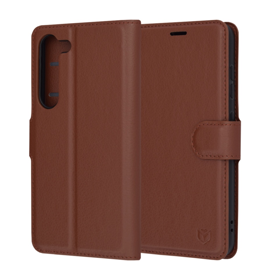 Husa pentru Samsung Galaxy S23 tip Carte, cu Portofel Interior, Finisaje Premium, SKYDDAR Leather Wallet - Maro