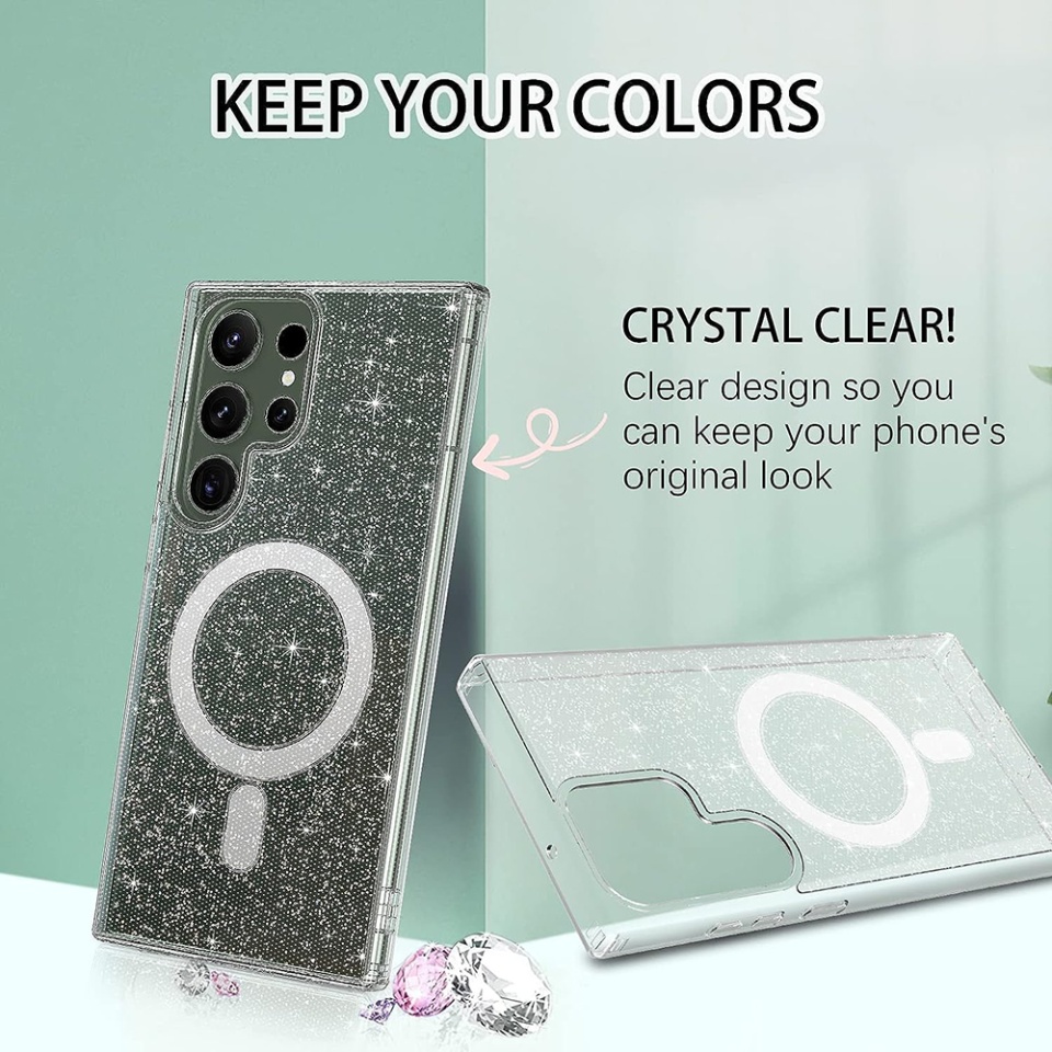Husa pentru Samsung Galaxy S23 Ultra, Magsafe, din Silicon TPU cu Sclipici, Design Elegant si Ultra Subtire, SKDR Shine - Transparenta - 1 | YEO