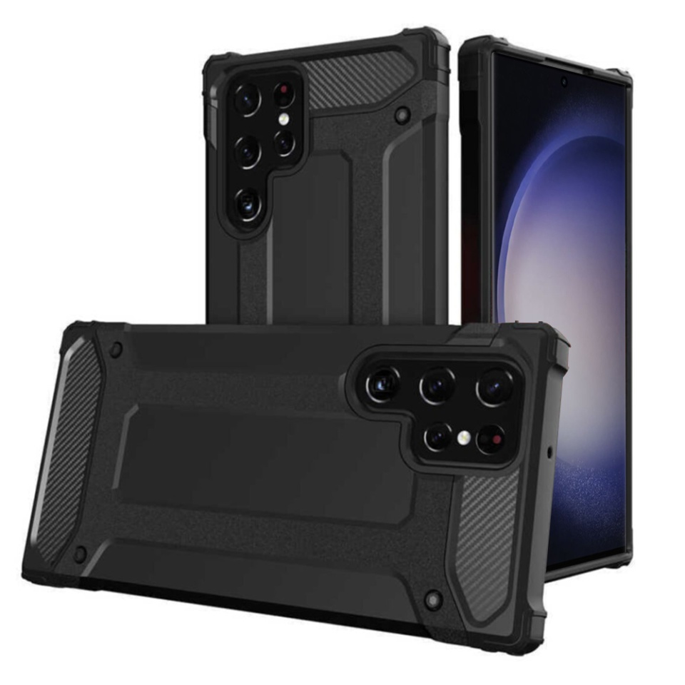 Husa pentru Samsung Galaxy S23 Ultra, SKYDDAR INNOVATION, Hybrid Armor, din Plastic Dur, Margini Cauciucate, Antisoc, set cu sticker, Negru