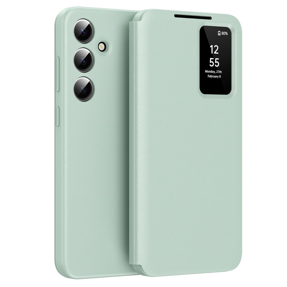 Husa pentru Samsung Galaxy S24 FE tip carte, Skyddar, cu portofel si SmartView, Premium, set cu sticker, Verde