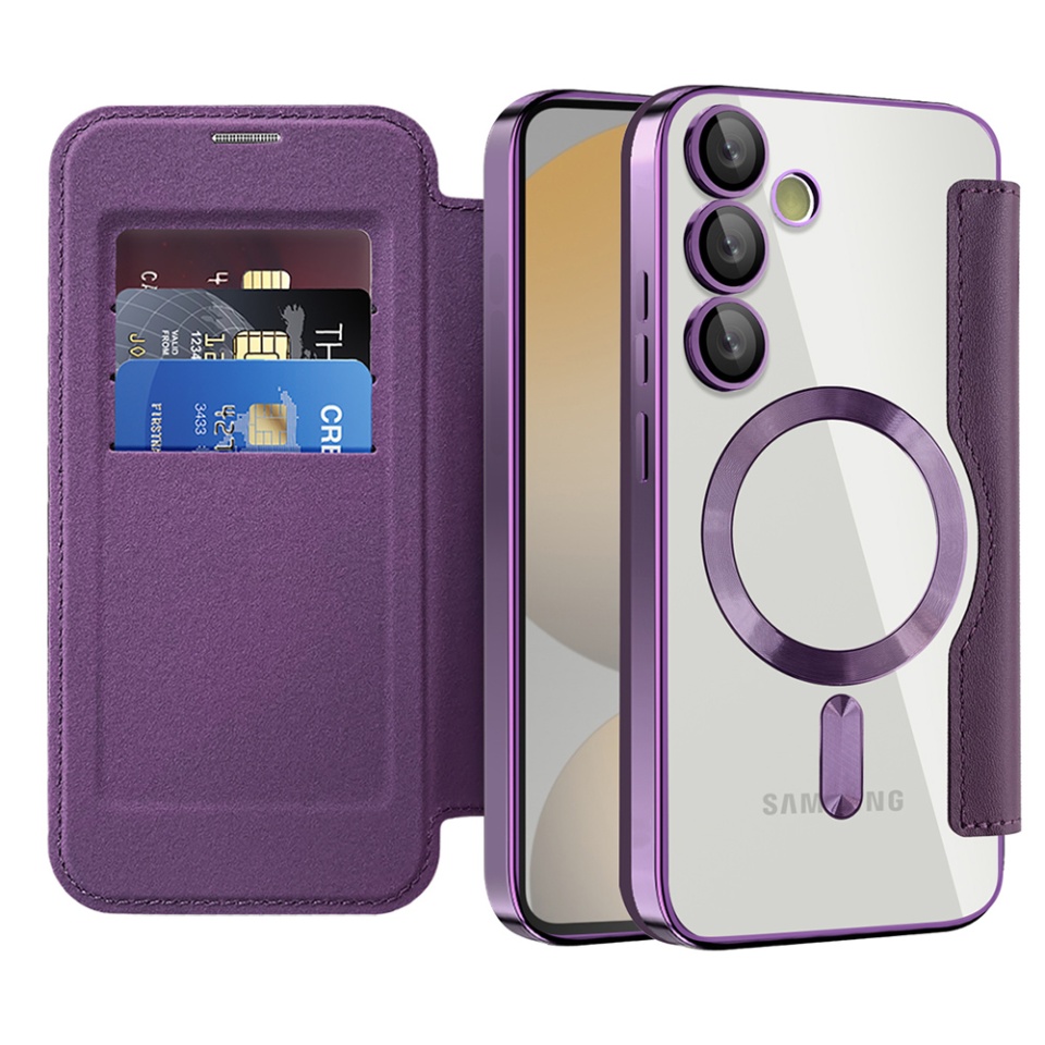 Husa pentru Samsung Galaxy S24 FE tip carte, SKYDDAR INOVATION, SmartMag Book, Magsafe, RFiD, Suport Carduri, set cu sticker, Mov