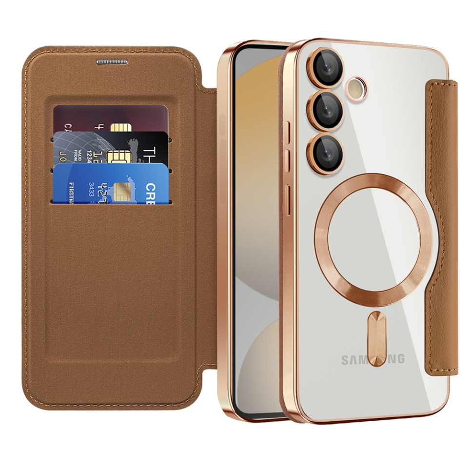 Husa pentru Samsung Galaxy S24 FE tip carte, SKYDDAR INOVATION, SmartMag Book, Magsafe, RFiD, Suport Carduri, set cu sticker, Maro