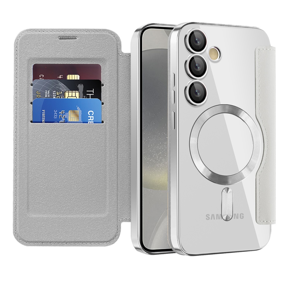 Husa pentru Samsung Galaxy S24 Plus tip carte, SKYDDAR INOVATION, SmartMag Book, Magsafe, RFiD, Suport Carduri, set cu sticker, Gri