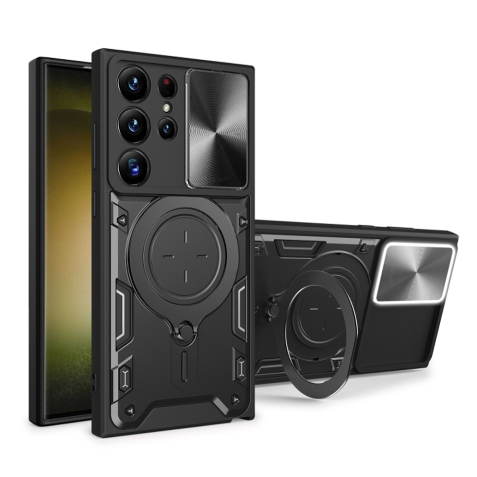 Husa pentru Samsung Galaxy S24 Ultra, SKYDDAR INNOVATION, CamGuard Pro, Inel Magnetic, Protectie Camera, set cu sticker, Negru