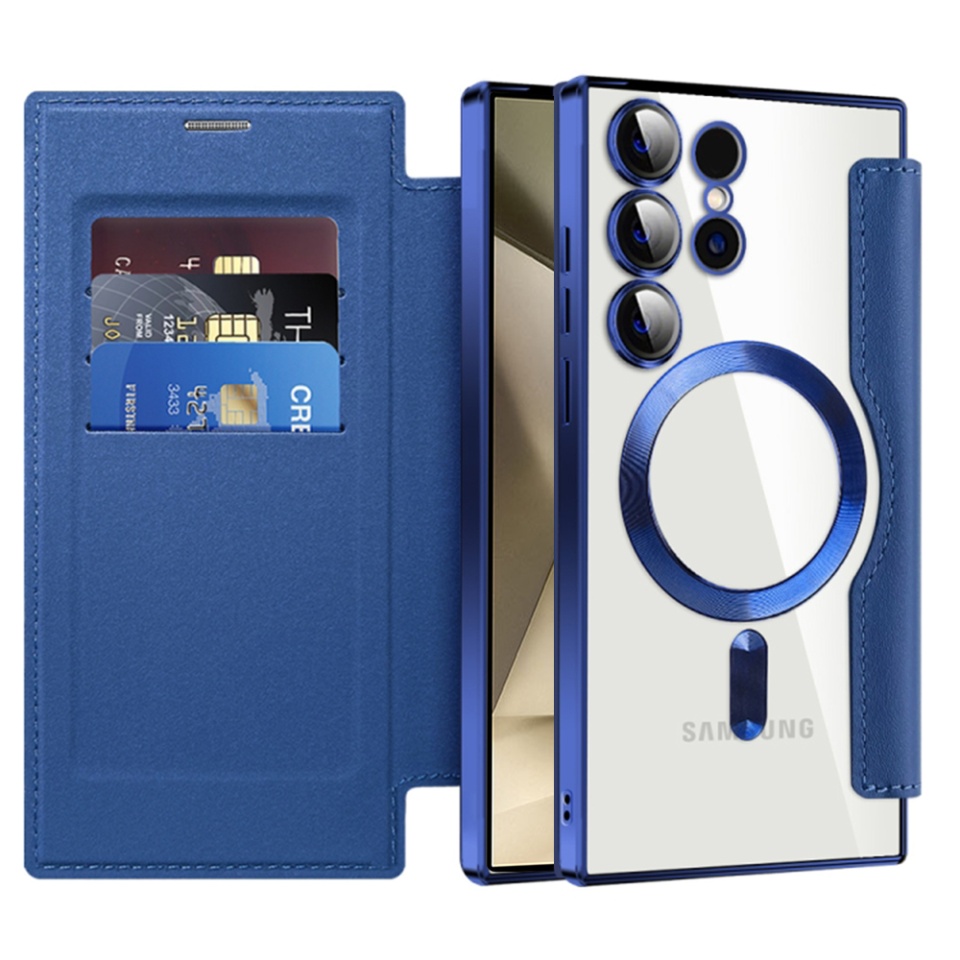Husa pentru Samsung Galaxy S24 Ultra tip carte, SKYDDAR INOVATION, SmartMag Book, Magsafe, RFiD, Suport Carduri, set cu sticker, Albastru