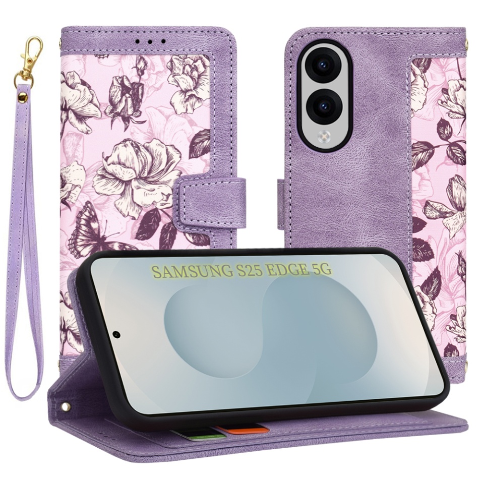 Husa pentru Samsung Galaxy S25 Edge, SKYDDAR INNOVATION, Floral Wallet, din Piele Ecologică cu Design Floral, Protecție 360°, Stand Integrat, Buzunare pentru Carduri, Mov, set cu sticker