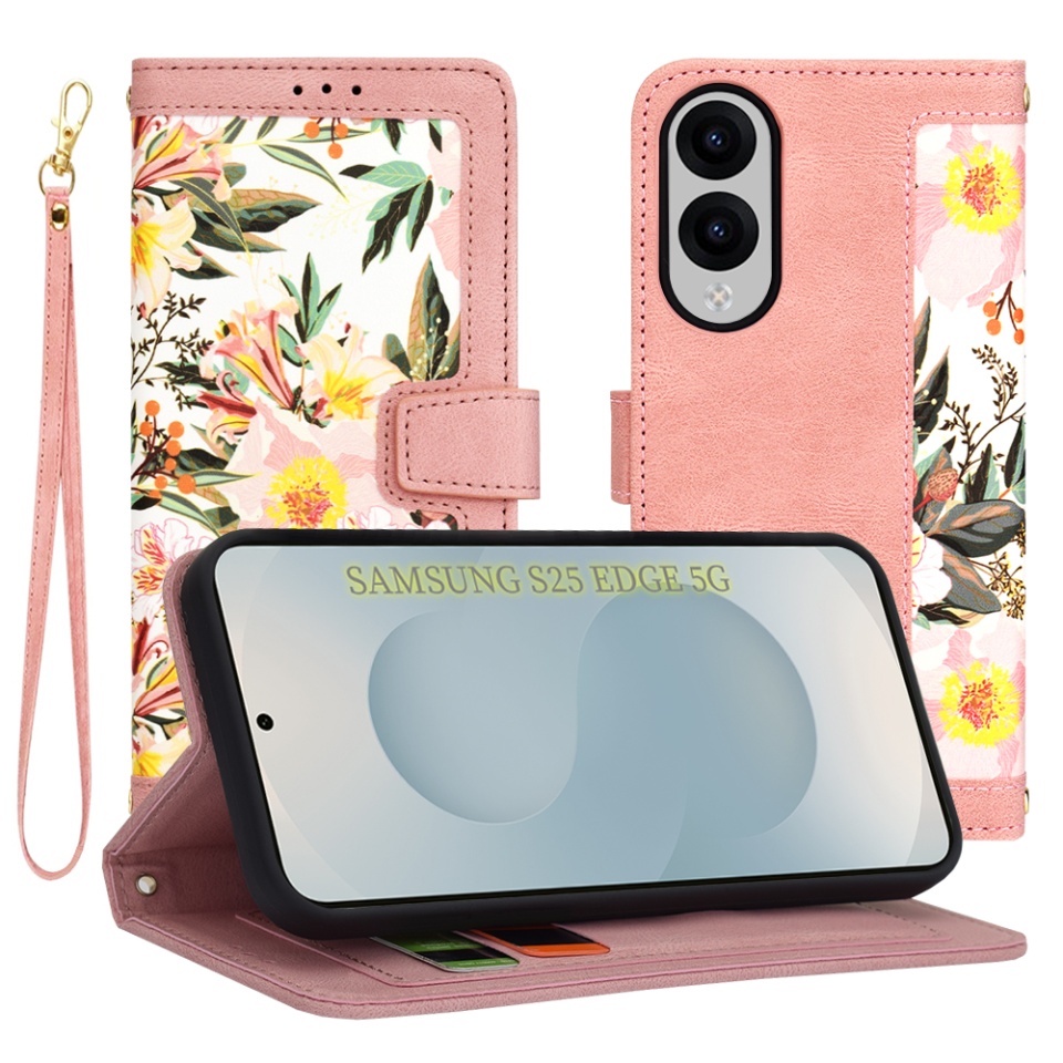 Husa pentru Samsung Galaxy S25 Edge, SKYDDAR INNOVATION, Floral Wallet, din Piele Ecologică cu Design Floral, Protecție 360°, Stand Integrat, Buzunare pentru Carduri, Roz, set cu sticker