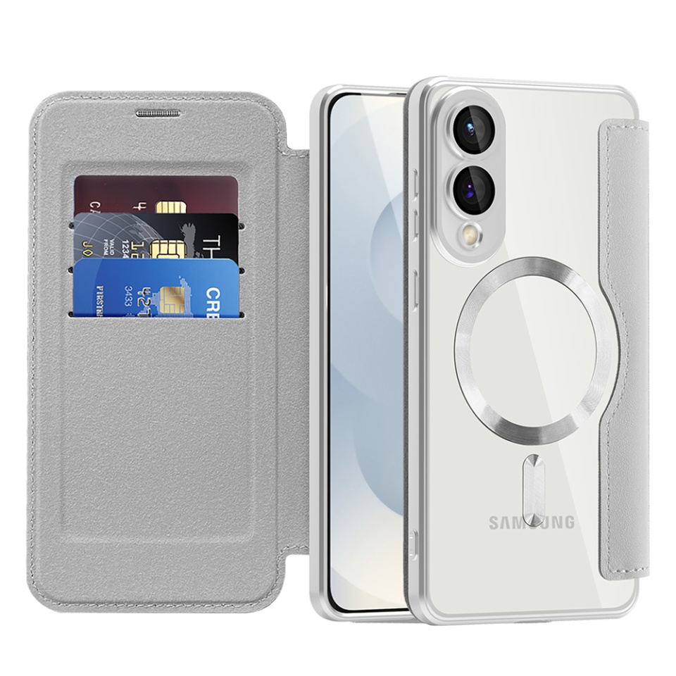 Husa pentru Samsung Galaxy S25 Edge tip carte, SKYDDAR INOVATION, SmartMag Book, Magsafe, RFiD, Suport Carduri, set cu sticker, Gri