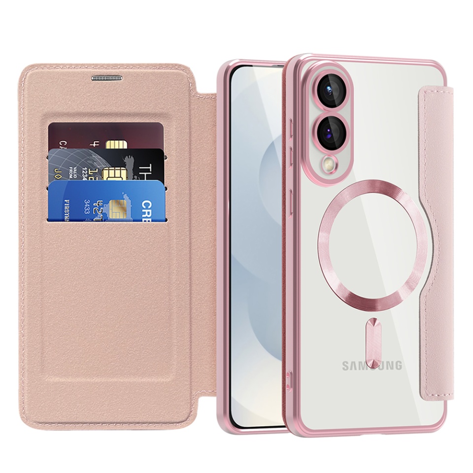 Husa pentru Samsung Galaxy S25 Edge tip carte, SKYDDAR INOVATION, SmartMag Book, Magsafe, RFiD, Suport Carduri, set cu sticker, Roz