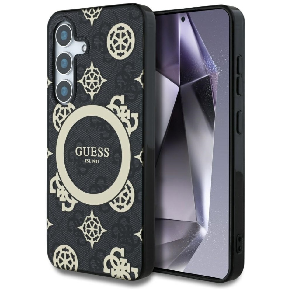 Husa pentru Samsung Galaxy S25, Guess MagSafe Denim Pattern, Compatibila, Cadru Silicon, Logo Auriu, Design Slim, Negru