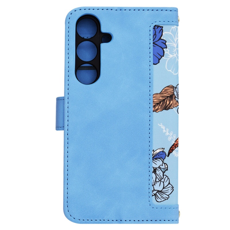 Husa pentru Samsung Galaxy S25 Plus din Piele Ecologică cu Design Floral, Protecție 360°, Stand Integrat, Buzunare pentru Carduri, SKDR Floral Wallet - Bleu - 2 | YEO