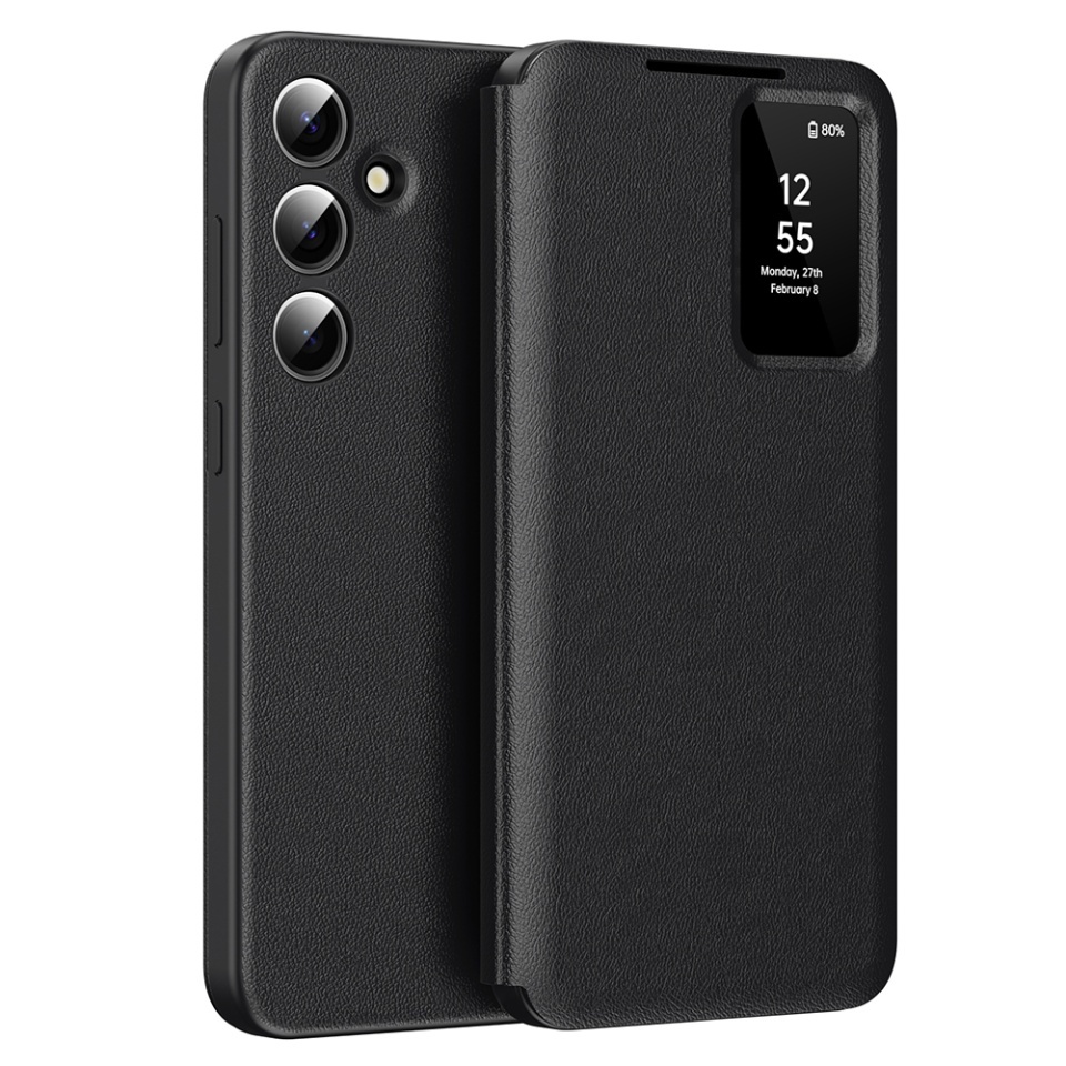 Husa pentru Samsung Galaxy S25 Plus tip carte, Skyddar, cu portofel si SmartView, Premium, set cu sticker, Negru