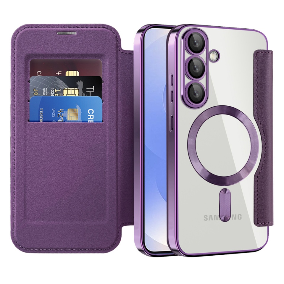 Husa pentru Samsung Galaxy S25 Plus tip carte, SKYDDAR INOVATION, SmartMag Book, Magsafe, RFiD, Suport Carduri, set cu sticker, Mov