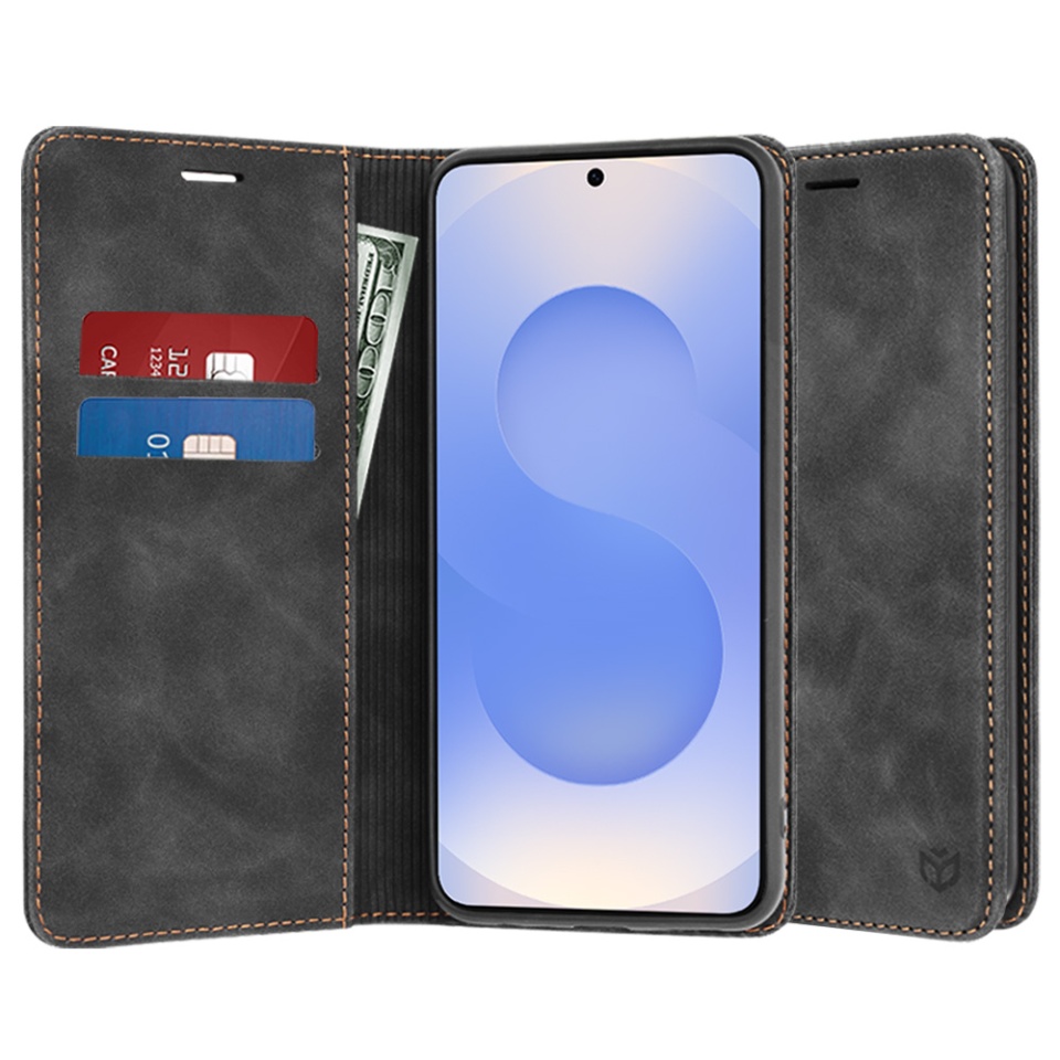 Husa pentru Samsung Galaxy S25, SKYDDAR INNOVATION, Soft Wallet, tip Carte din piele Eco Premium, cu Portofel Interior, Negru, set cu sticker