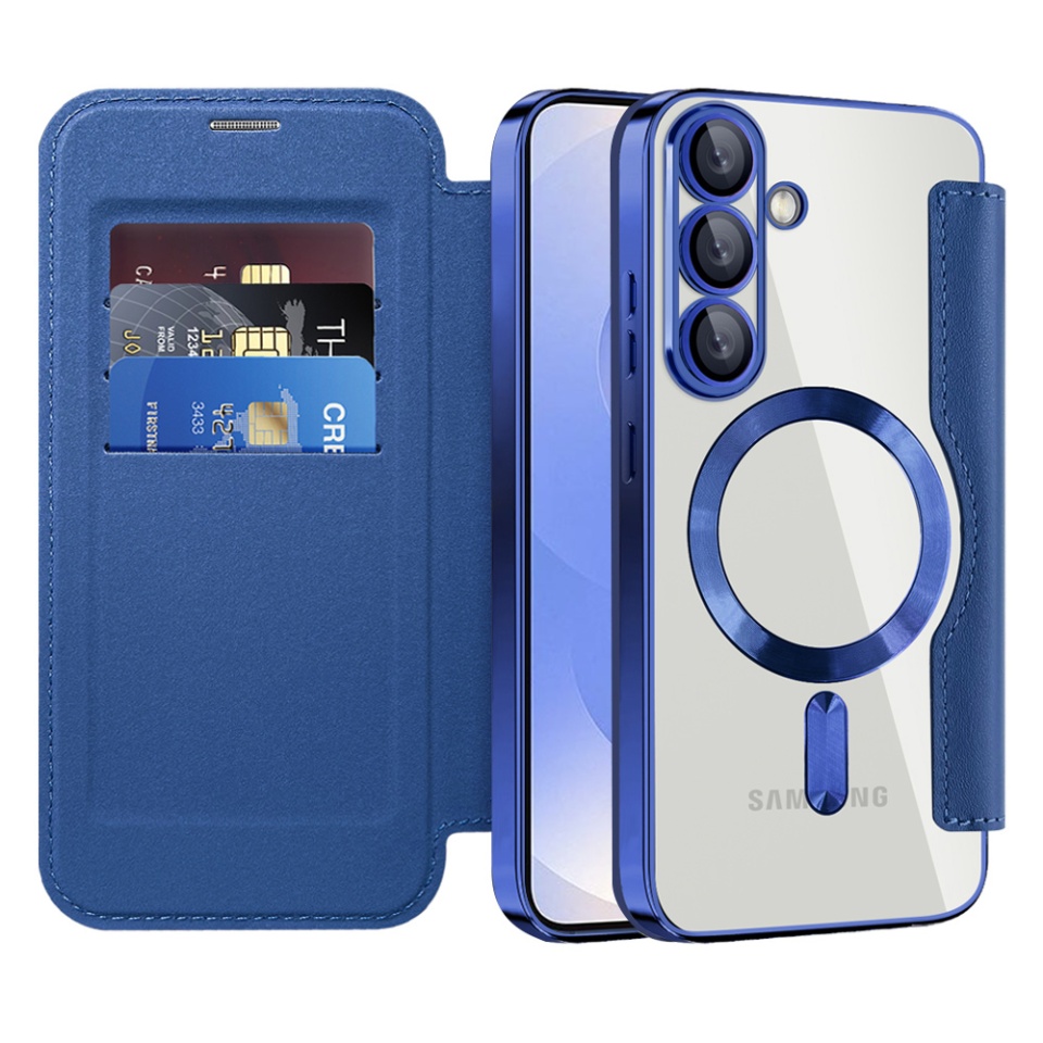 Husa pentru Samsung Galaxy S25 tip carte, SKYDDAR INOVATION, SmartMag Book, Magsafe, RFiD, Suport Carduri, set cu sticker, Albastru