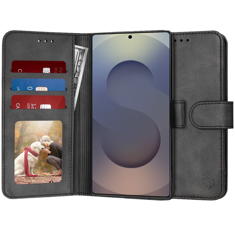 Husa pentru Samsung Galaxy S25 Ultra, SKYDDAR INNOVATION, Diary Book, tip carte, cu Portofel Interior, Antisoc, Negru, set cu sticker