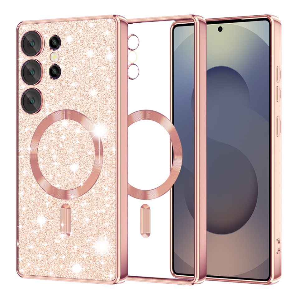 Husa pentru Samsung Galaxy S25 Ultra, SKYDDAR INNOVATION, Luxury Glitter Magsafe, Antisoc, Fundal Detasabil 2-in-1, Margini Ridicate, set cu sticker, Roz auriu