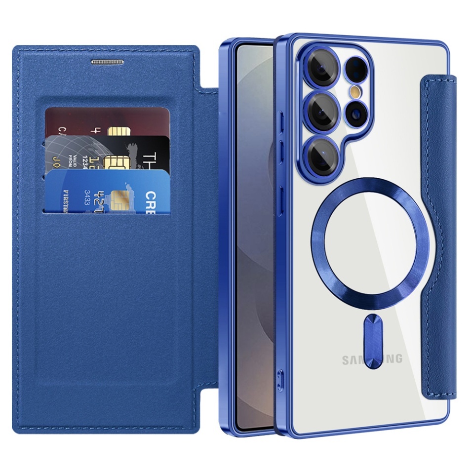 Husa pentru Samsung Galaxy S25 Ultra tip carte, SKYDDAR INOVATION, SmartMag Book, Magsafe, RFiD, Suport Carduri, set cu sticker, Albastru