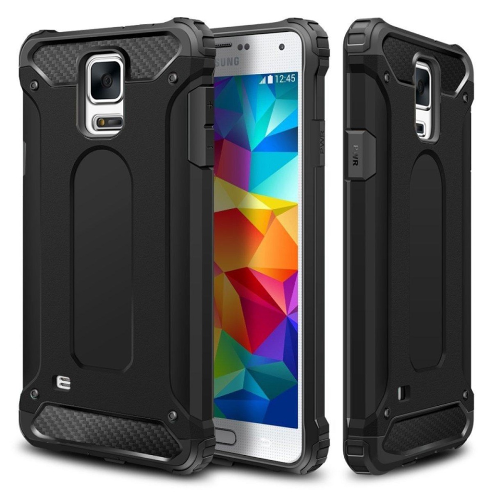 Husa pentru Samsung Galaxy S5 G900, SKYDDAR INNOVATION, Hybrid Armor, din Plastic Dur, Margini Cauciucate, Antisoc, set cu sticker, Negru
