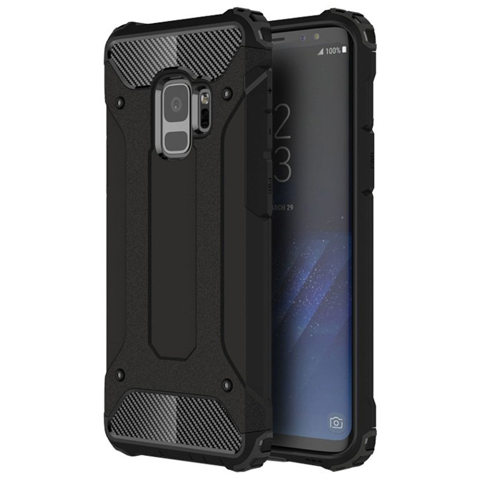 Husa pentru Samsung Galaxy S9, SKYDDAR INNOVATION, Hybrid Armor, din Plastic Dur, Margini Cauciucate, Antisoc, set cu sticker, Negru