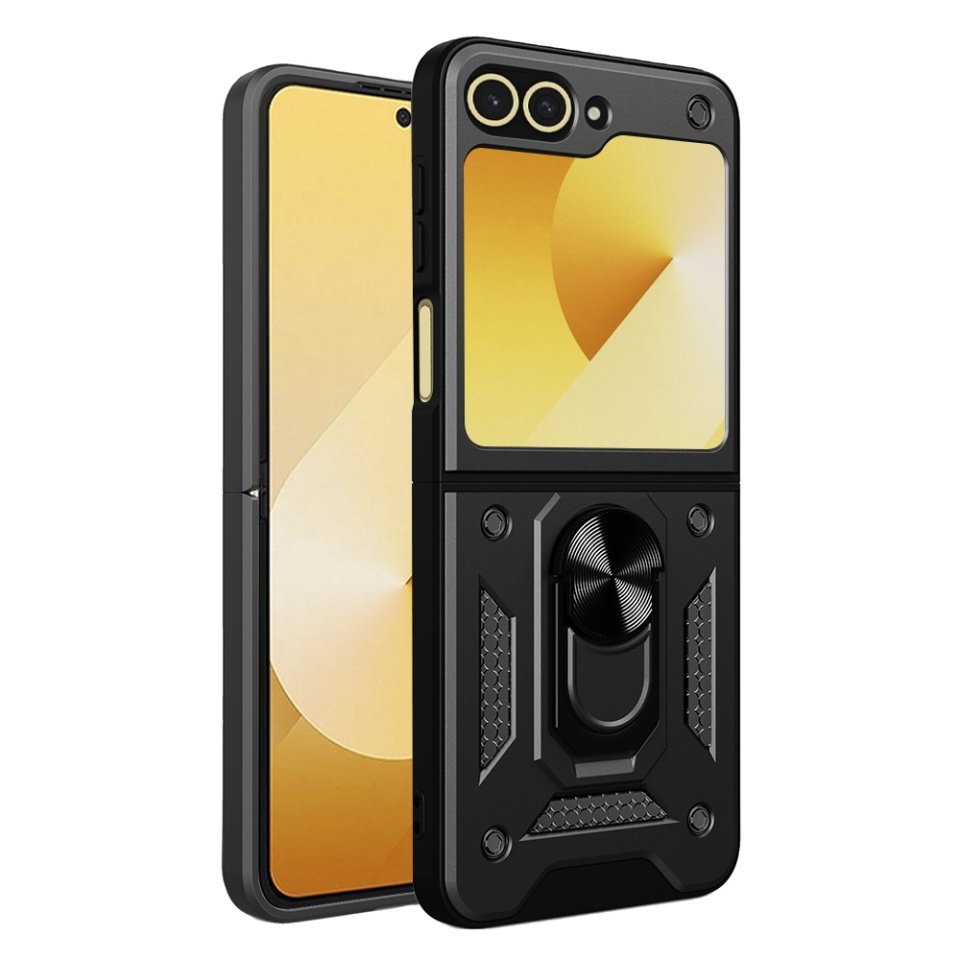 Husa pentru Samsung Galaxy Z Flip6 / Galaxy Z Flip7 FE, SKYDDAR INNOVATION, CamShield, Inel magnetic, set cu sticker, Negru