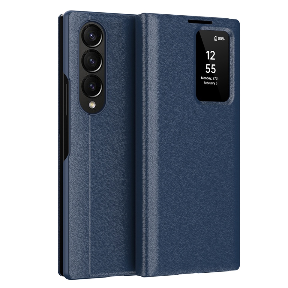 Husa pentru Samsung Galaxy Z Fold3 5G tip carte, Skyddar, cu portofel si SmartView, Premium, set cu sticker, Albastru