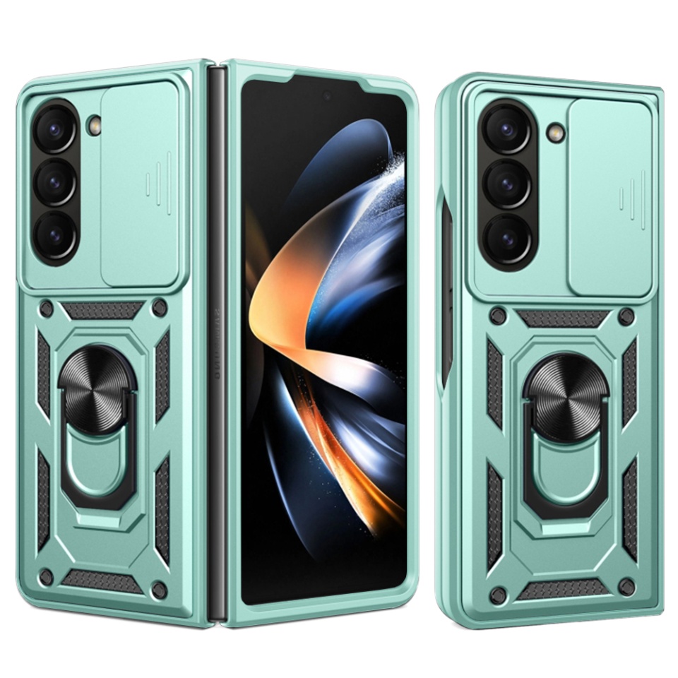 Husa pentru Samsung Galaxy Z Fold5, SKYDDAR INNOVATION, CamShield, Inel magnetic, set cu sticker, Verde