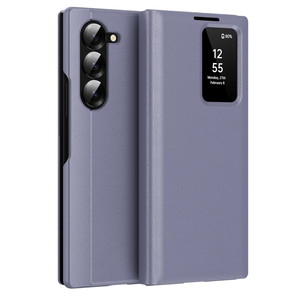 Husa pentru Samsung Galaxy Z Fold5 tip carte, Skyddar, cu portofel si SmartView, Premium, set cu sticker, Mov