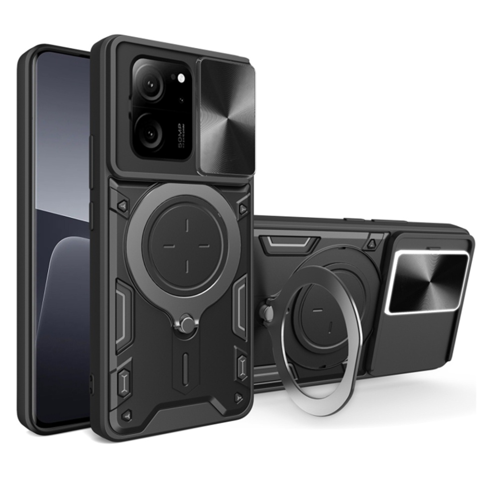 Husa pentru Xiaomi 13T / 13T Pro, cu inel magnetic si suport ajustabil, protecție completa camera, SKDR SafeCover - Negru
