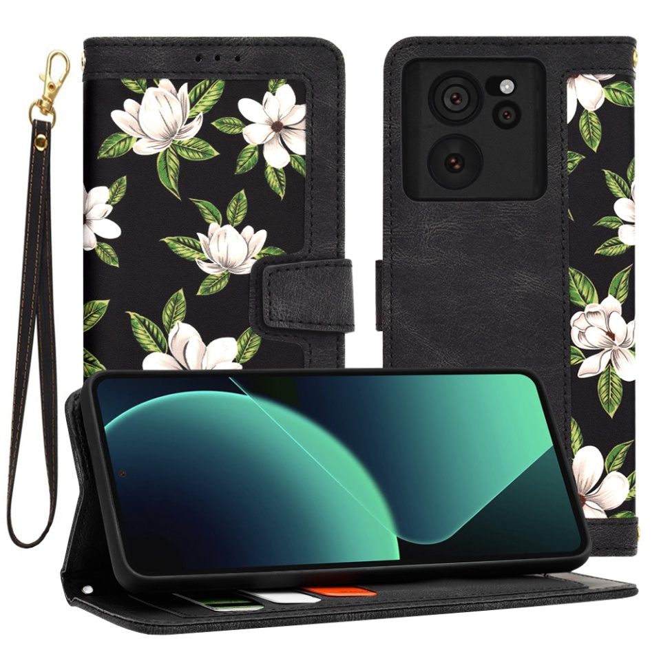 Husa pentru Xiaomi 13T / 13T Pro din Piele Ecologică cu Design Floral, Protecție 360°, Stand Integrat, Buzunare pentru Carduri, SKDR Floral Wallet - Negru