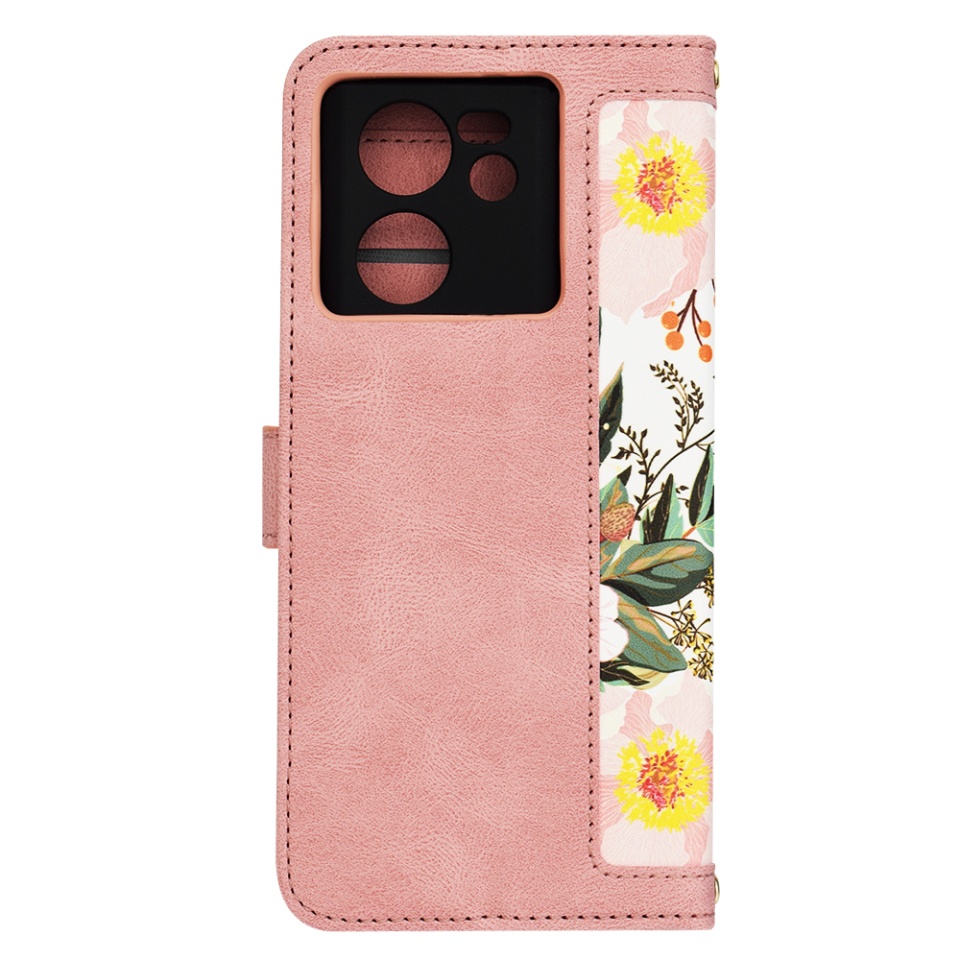 Husa pentru Xiaomi 13T / 13T Pro din Piele Ecologică cu Design Floral, Protecție 360°, Stand Integrat, Buzunare pentru Carduri, SKDR Floral Wallet - Roz - 3 | YEO