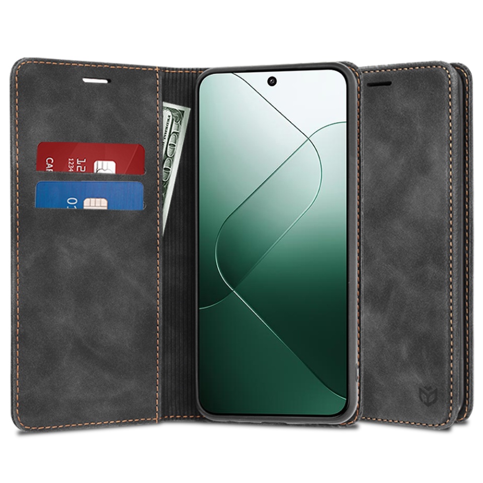 Husa pentru Xiaomi 14, SKYDDAR INNOVATION, Soft Wallet, tip Carte din piele Eco Premium, cu Portofel Interior, Negru, set cu sticker