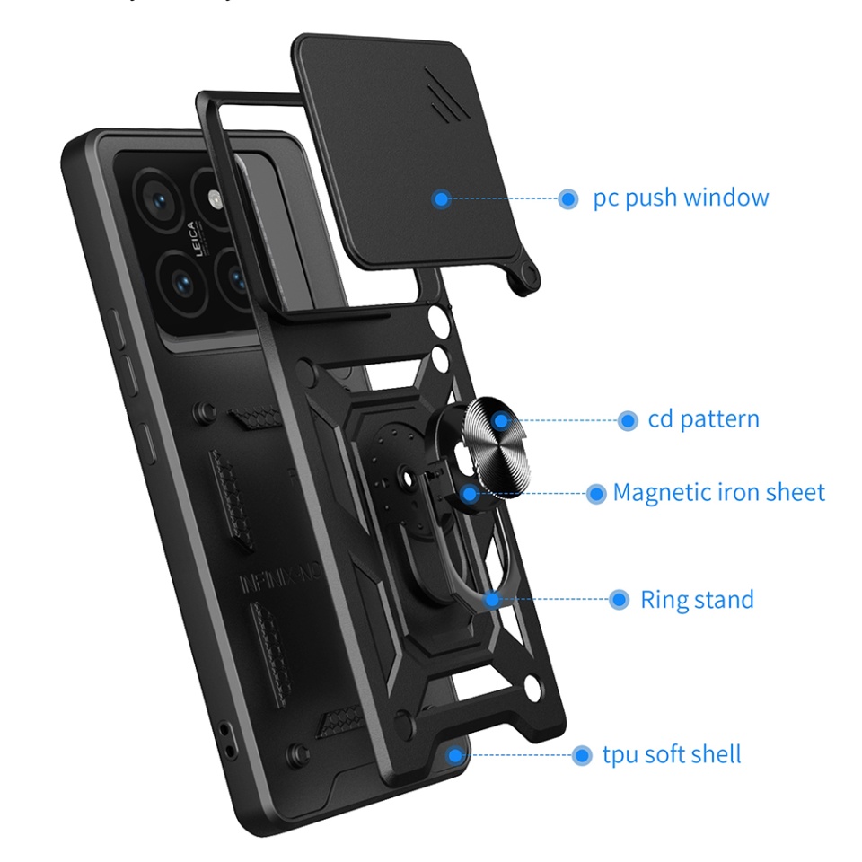 Husa pentru Xiaomi 14T Pro, SKYDDAR INNOVATION, CamShield, Inel magnetic, set cu sticker, Negru - 1 | YEO