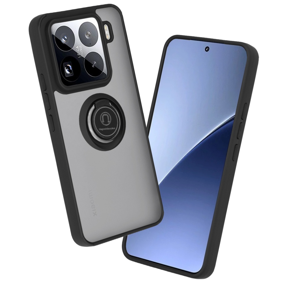 Husa pentru Xiaomi 15 Pro, SKYDDAR INNOVATION, Glinth cu Inel Rotativ 360° Magnetic, Negru, set cu sticker