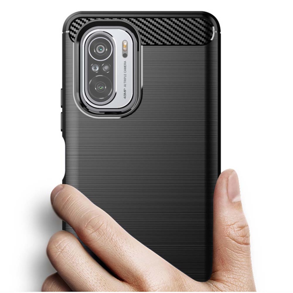 Husa pentru Xiaomi Poco F3 / Mi 11i, SKYDDAR INNOVATION, Carbon Silicone, din Silicon Slim, cu textura Fibra Carbon, set cu sticker, Negru - 1 | YEO