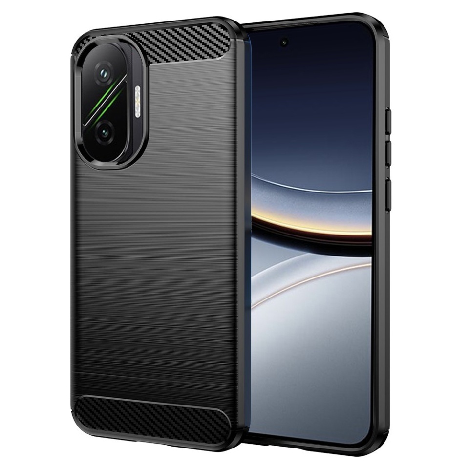 Husa pentru Xiaomi Poco F7, SKYDDAR INNOVATION, Carbon Silicone, din Silicon Slim, cu textura Fibra Carbon, set cu sticker, Negru