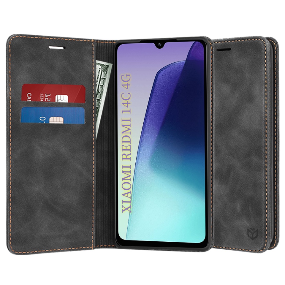 Husa pentru Xiaomi Redmi 14C / Poco C75, SKYDDAR INNOVATION, Soft Wallet, tip Carte din piele Eco Premium, cu Portofel Interior, Negru, set cu sticker