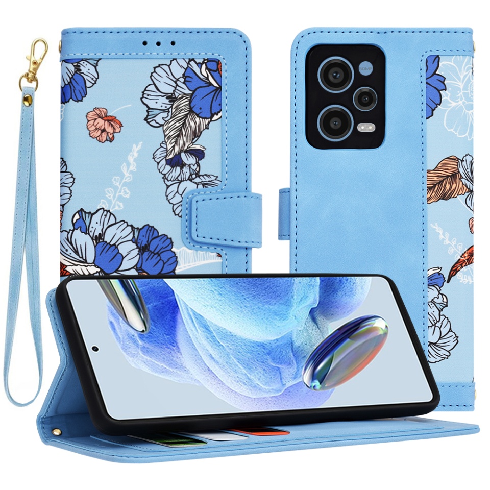 Husa pentru Xiaomi Redmi Note 12 Pro 5G din Piele Ecologică cu Design Floral, Protecție 360°, Stand Integrat, Buzunare pentru Carduri, SKDR Floral Wallet - Bleu