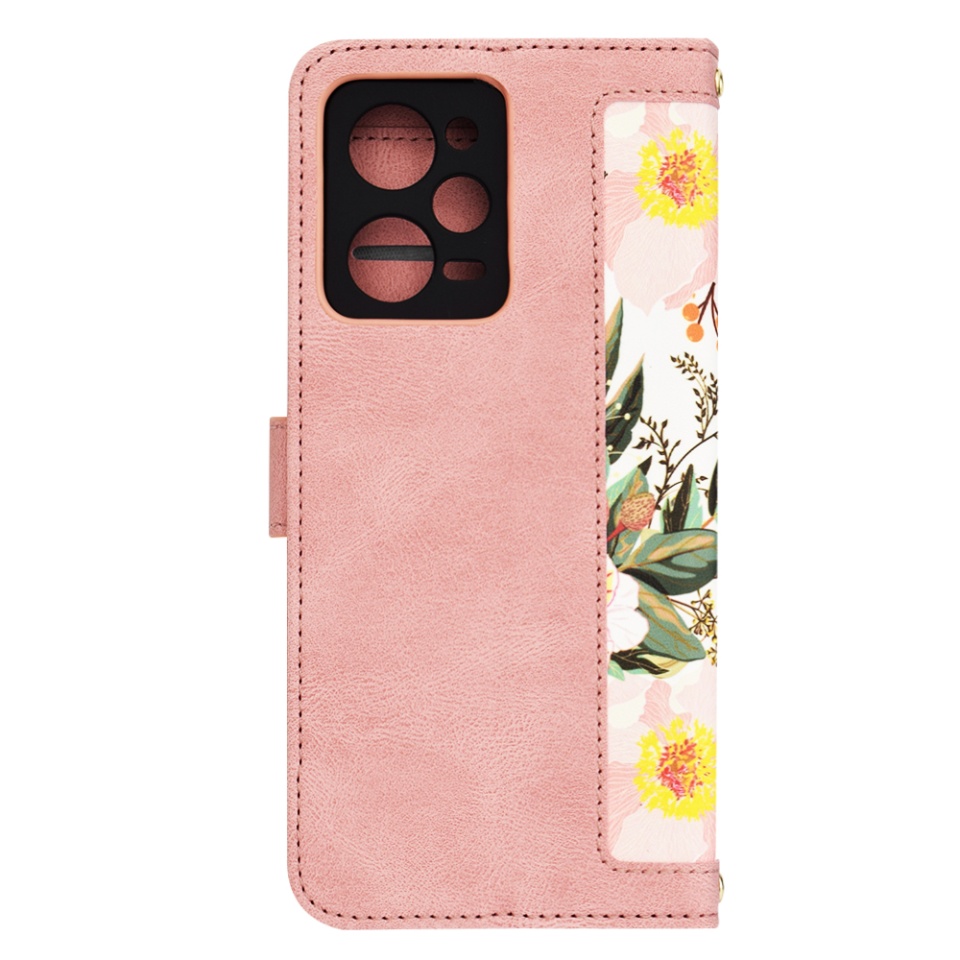 Husa pentru Xiaomi Redmi Note 12 Pro 5G din Piele Ecologică cu Design Floral, Protecție 360°, Stand Integrat, Buzunare pentru Carduri, SKDR Floral Wallet - Roz - 3 | YEO