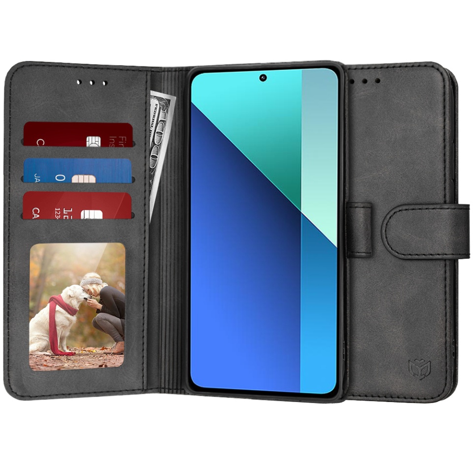 Husa pentru Xiaomi Redmi Note 13 4G, SKYDDAR INNOVATION, Diary Book, tip carte, cu Portofel Interior, Antisoc, Negru, set cu sticker